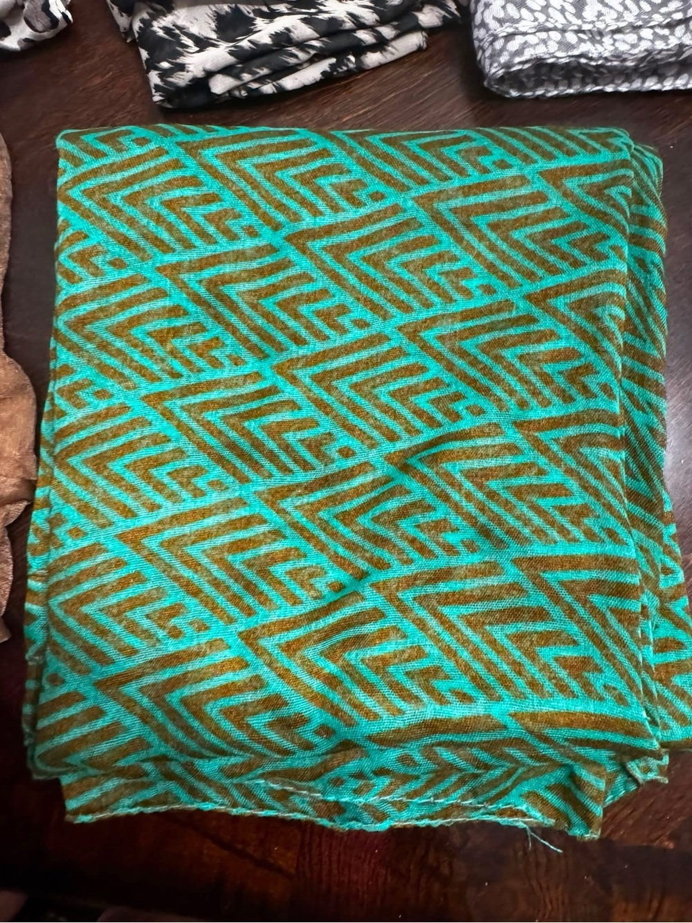 Turquoise & Brown Geometric Pattern Scarf